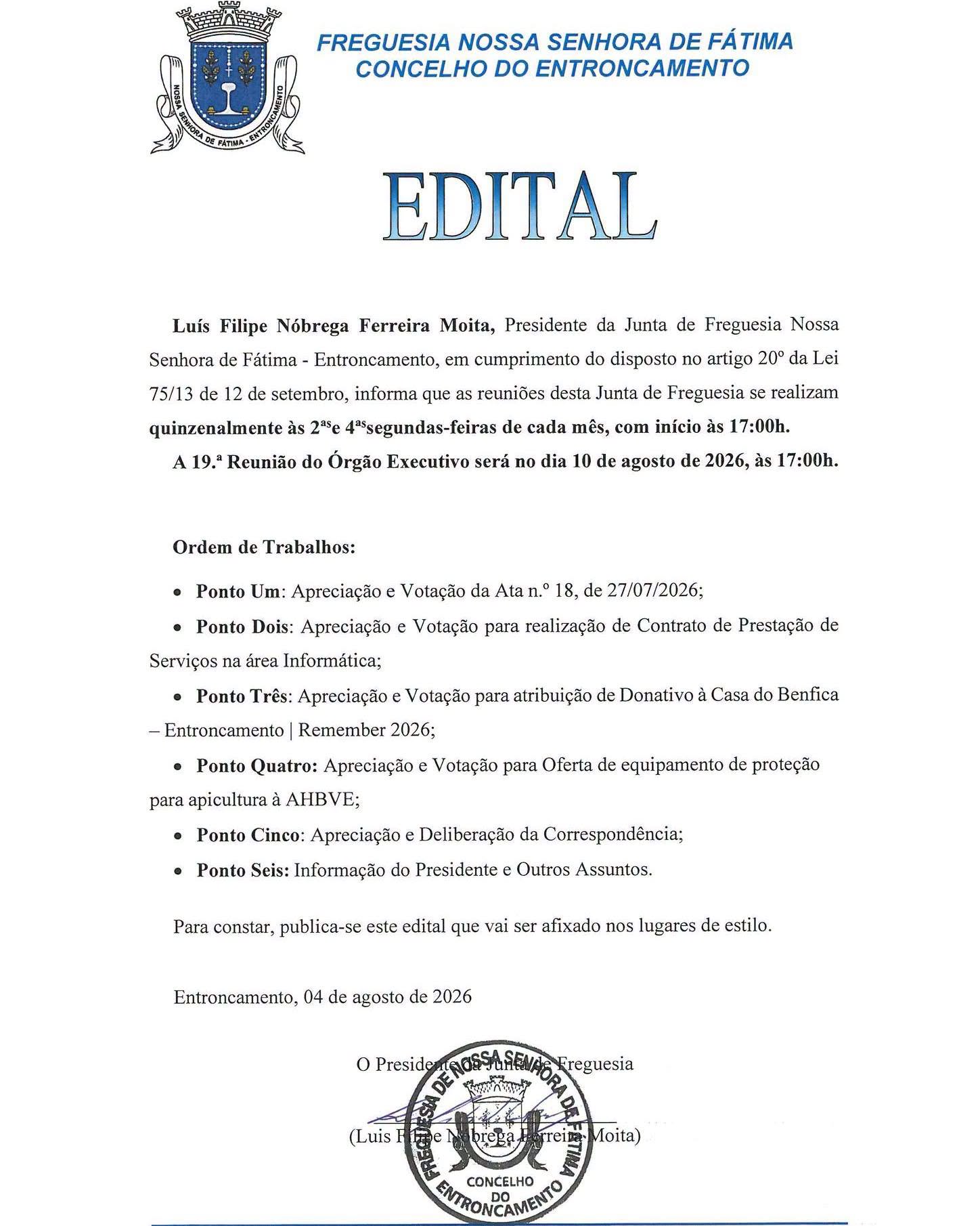 Edital Junta de Freguesia de Nossa Sra. de Fátima - Reunião do Órgão Executivo